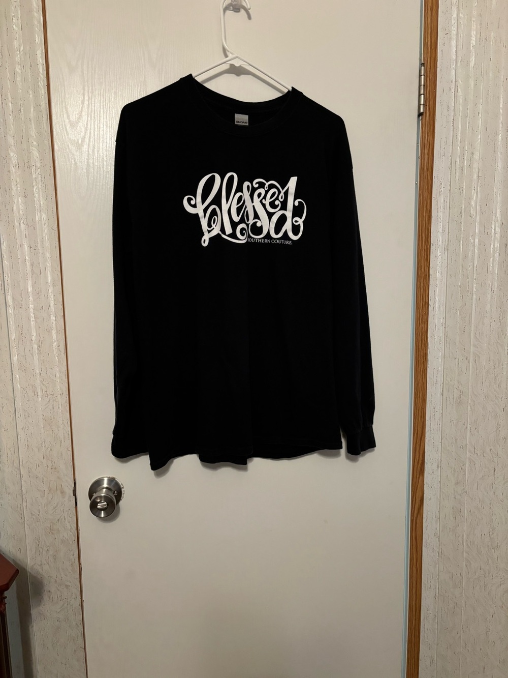 Gildan Black Long Sleeve Tee with White Script Graphic
